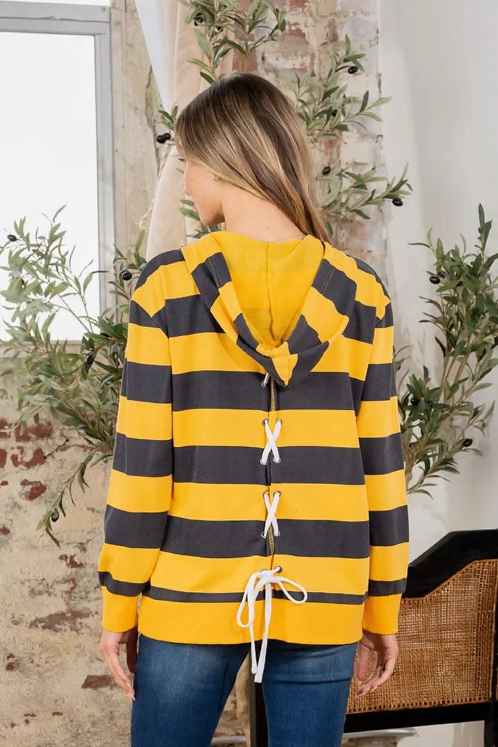 Full Size Drawstring Striped Long Sleeve Hoodie - Love Salve